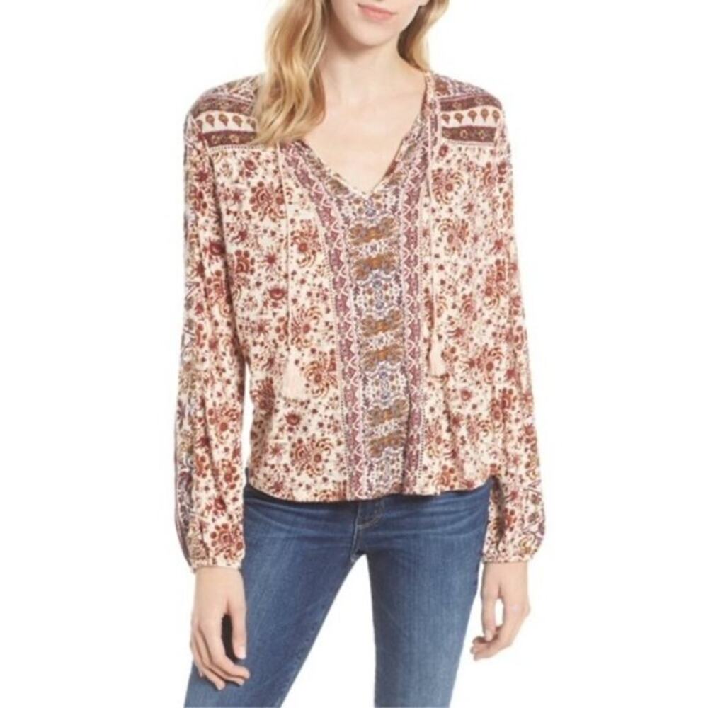 Lucky Brand Womens size Small Long Sleeve Beaded Carpet Paisley Boho Blouse
